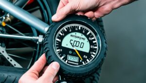 motorcycle riders check their tire pressure